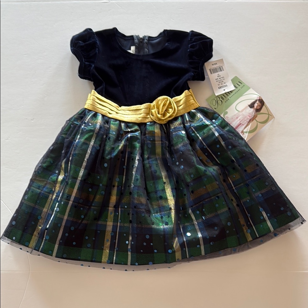 Bonnie Jean Navy Velvet green plaid little girls dress sz 2T - Picture 1 of 9